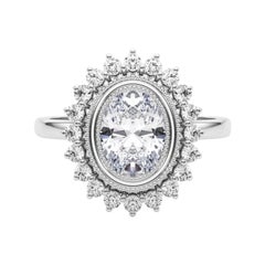 Anello di diamanti in platino con fiore d'epoca e cluster ovale da 1.3 carati certificato GIA