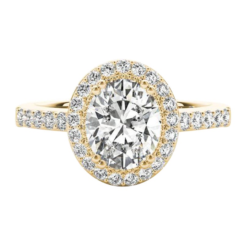 Bague en or jaune 18 carats certifiée GIA et ornée d'un halo de diamants ovales de 1,3 carat