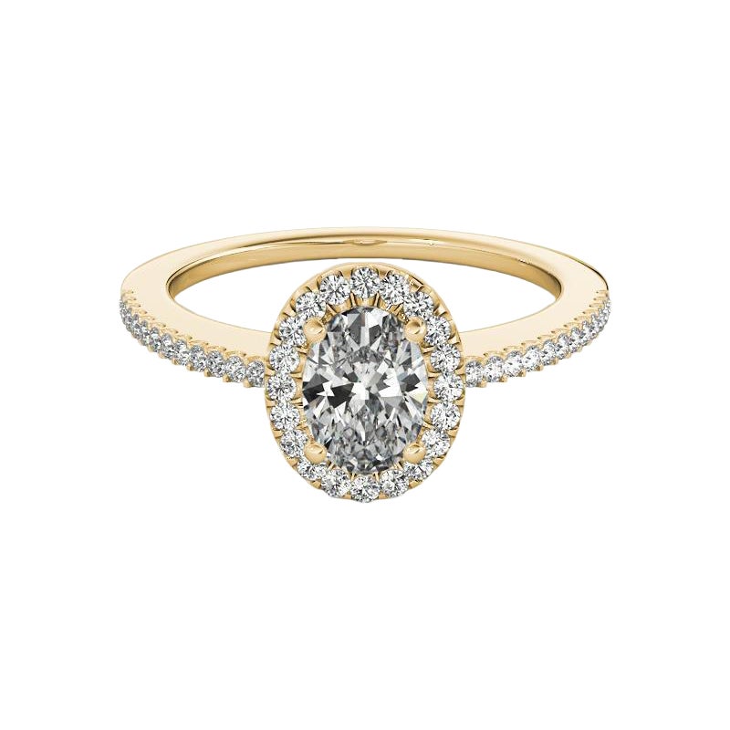 GIA Certified 1,3 Carat Oval Halo French Pave Anello con diamanti in oro giallo 18K