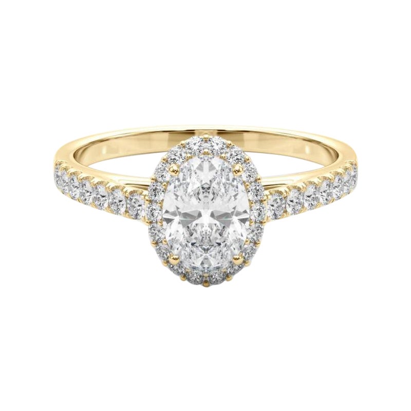 GIA Certified 1,3 Carat Oval Halo Pave Anello con diamanti in oro giallo 18K