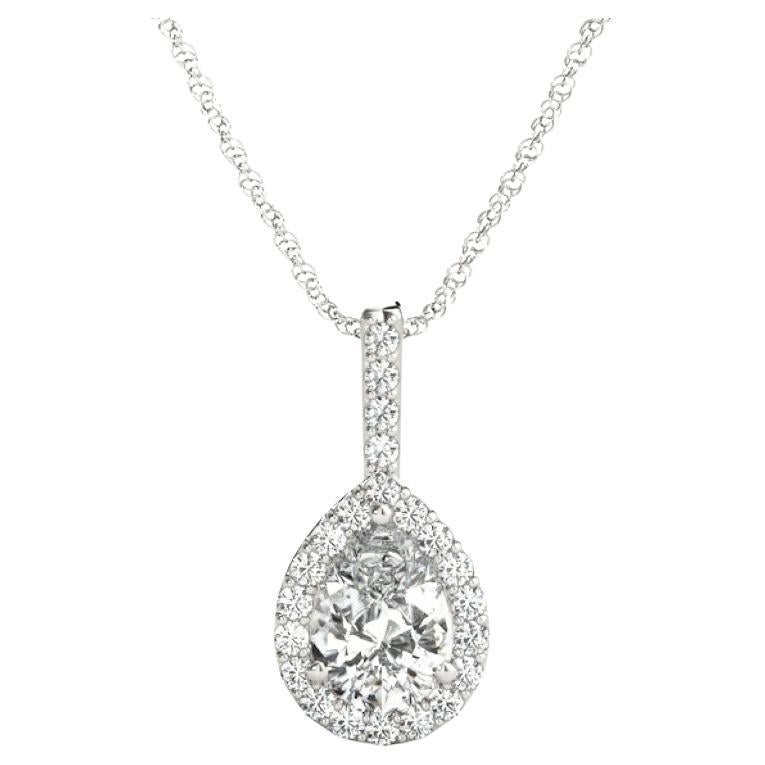 GIA Certified 1.3 Carat Pear Diamond Teardrop Halo Pendant Necklace