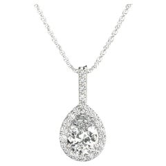 GIA Certified 1.3 Carat Pear Diamond Teardrop Halo Pendant Necklace