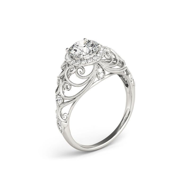 Bague à diamant certifié GIA de 1,3 carat rond Halo Ribbon Filigree Dome Pour femmes en vente