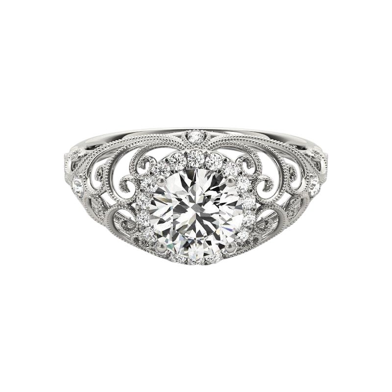 Bague à diamant certifié GIA de 1,3 carat rond Halo Ribbon Filigree Dome