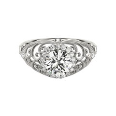 Bague à diamant certifié GIA de 1,3 carat rond Halo Ribbon Filigree Dome