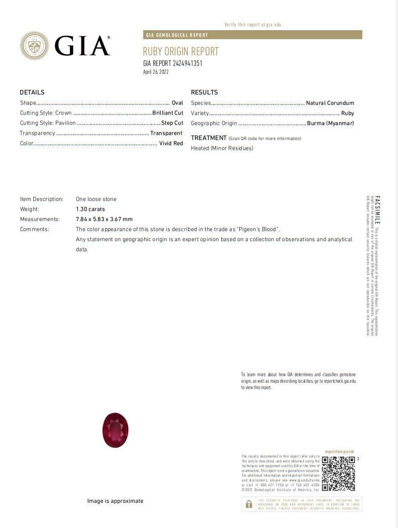 Anillo de diamantes rubí de Birmania en platino de 1,30 quilates certificado por el GIA Corte oval en venta