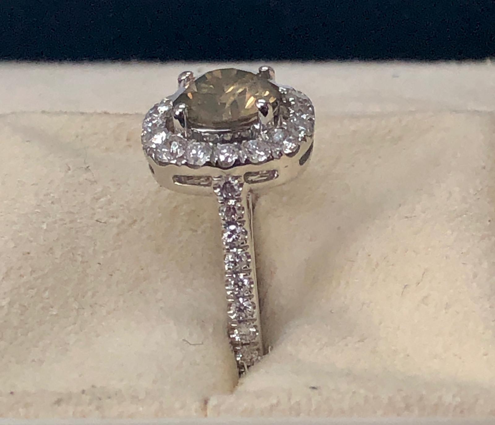 GIA 1.30 Carat Fancy Brownish Yellow Round Diamond Ring 18 Karat Gold In New Condition In Great Neck, NY