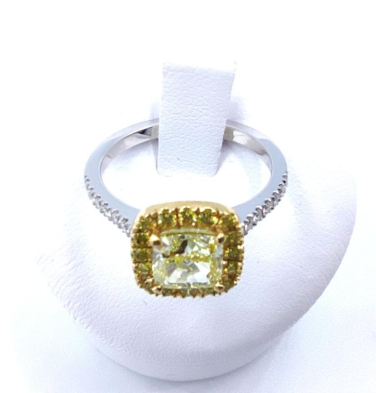 Modern GIA Certified 1.30 Carat Fancy Light Yellow Cushion White and Yellow 18K Gold For Sale