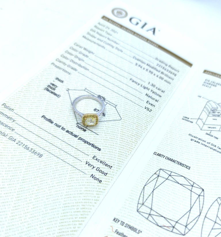 Cushion Cut GIA Certified 1.30 Carat Fancy Light Yellow Cushion White and Yellow 18K Gold For Sale