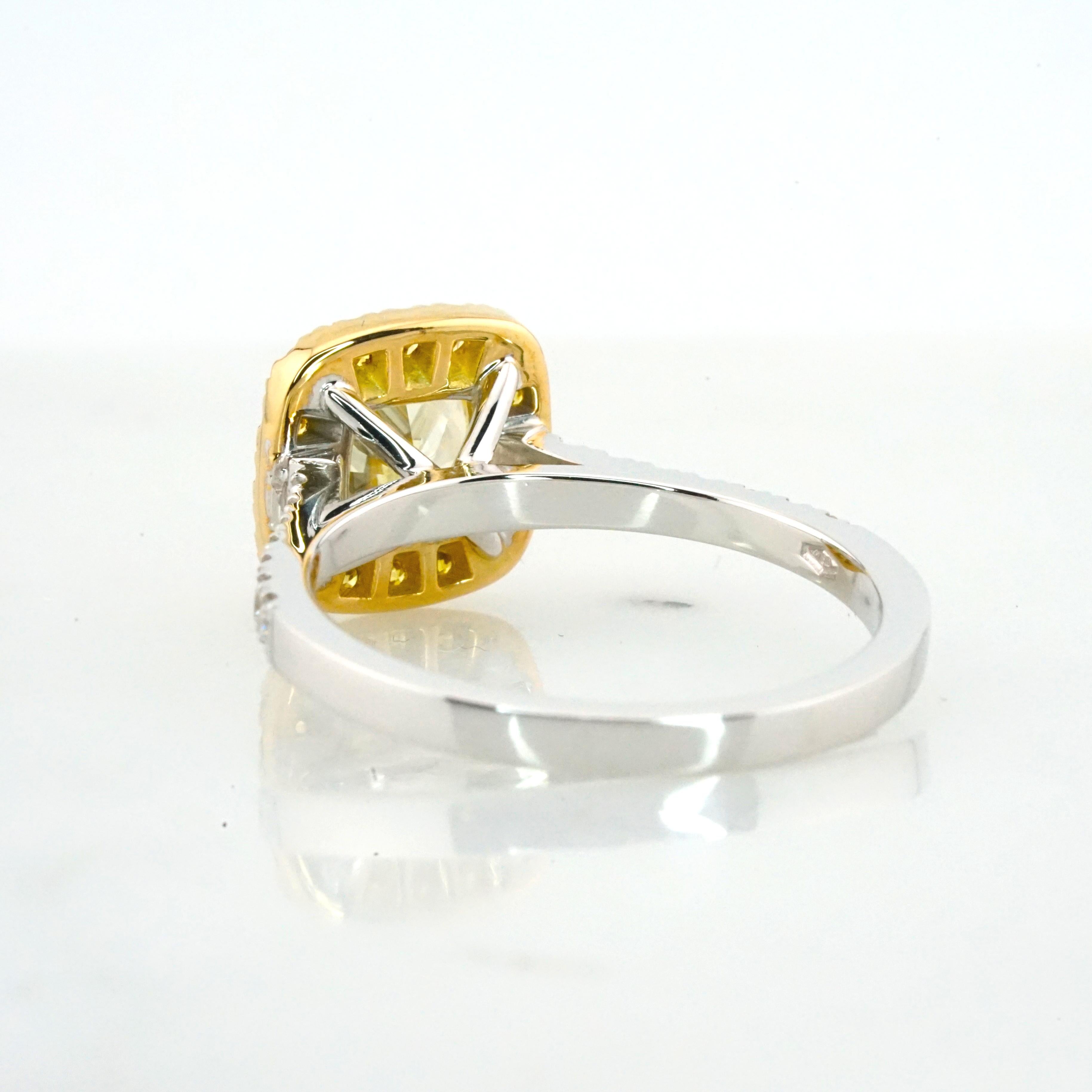 Contemporary GIA Certified 1.30 Carat Fancy Light Yellow Cushion White and Yellow 18K Gold For Sale