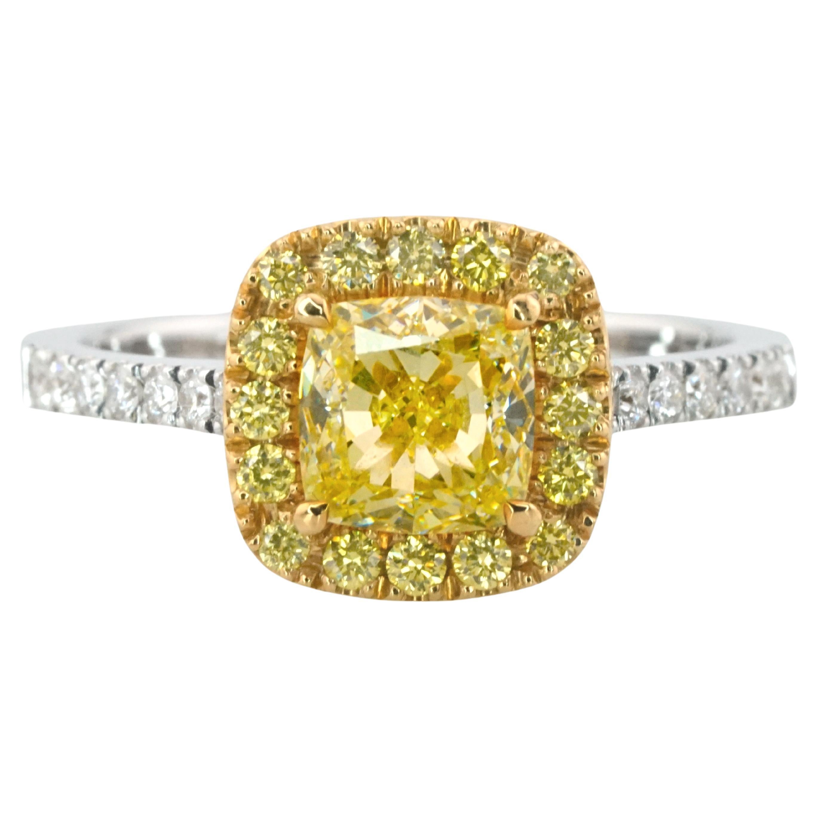 GIA Certified 1.30 Carat Fancy Light Yellow Cushion White and Yellow 18K Gold For Sale