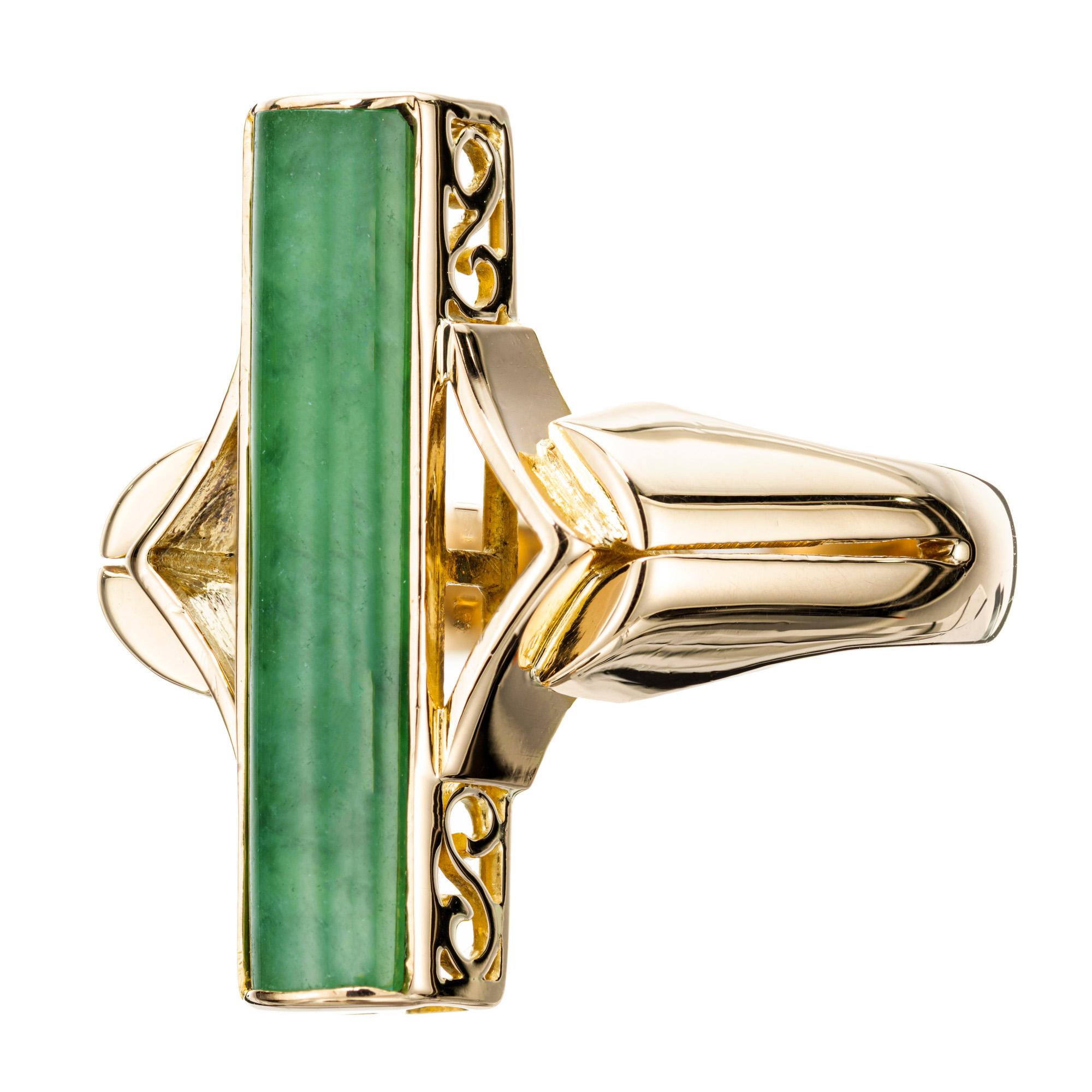 1940's Jadeite jade cylinder ring. GIA certified, 1.30ct natural untreated jadeite jade in a handmade 14k yellow gold setting. 

1 rectangular green jadeite jade, approx.. 1.30cts GIA Certificate# 6227393271
Size 7 and sizable 
14k yellow gold