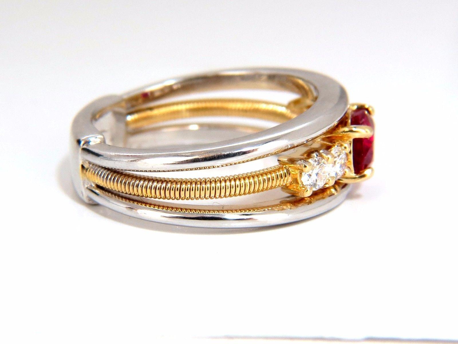 GIA Certified Ruby & Diamonds Coil Wrap Band.

Illusion of three rings

1.02ct. GIA Oval Bright Red Ruby

Report: 5151332654

(VS) Clean Clarity & Transparent.

6.64 X 5.00 X 3.45mm

GIA: Heat (Minor)



.28ct side round diamonds.

Vs-2 clarity, G