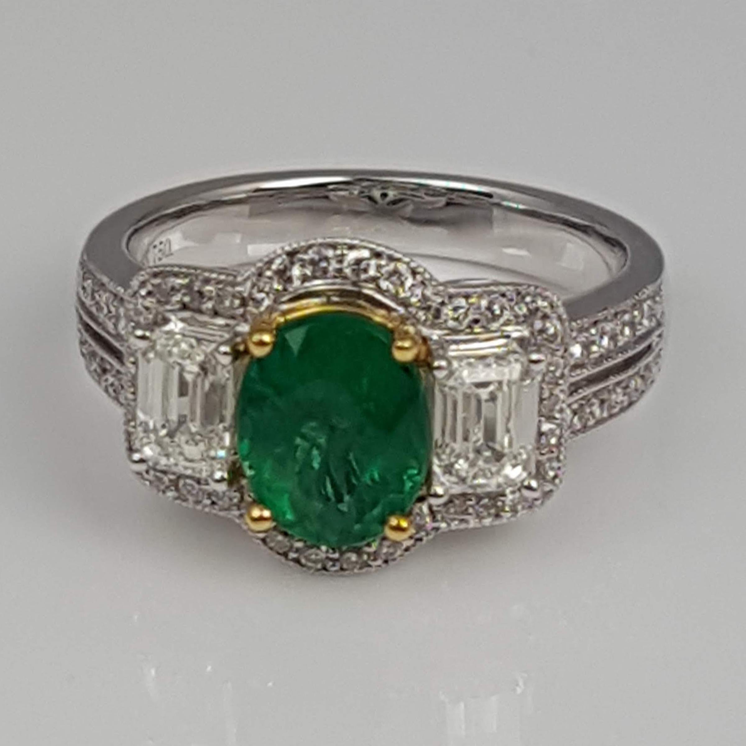 GIA Certified 1.30 Carat Oval Cut Emerald and Diamond Ring in 18 Karat Gold 1