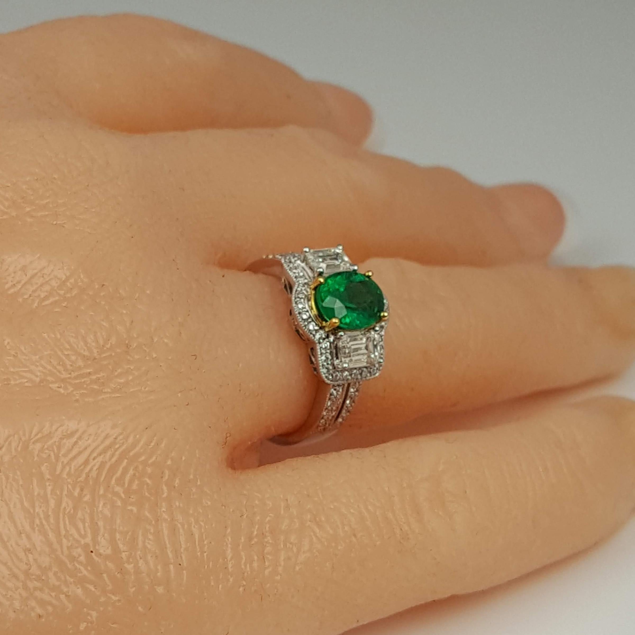 GIA Certified 1.30 Carat Oval Cut Emerald and Diamond Ring in 18 Karat Gold 2