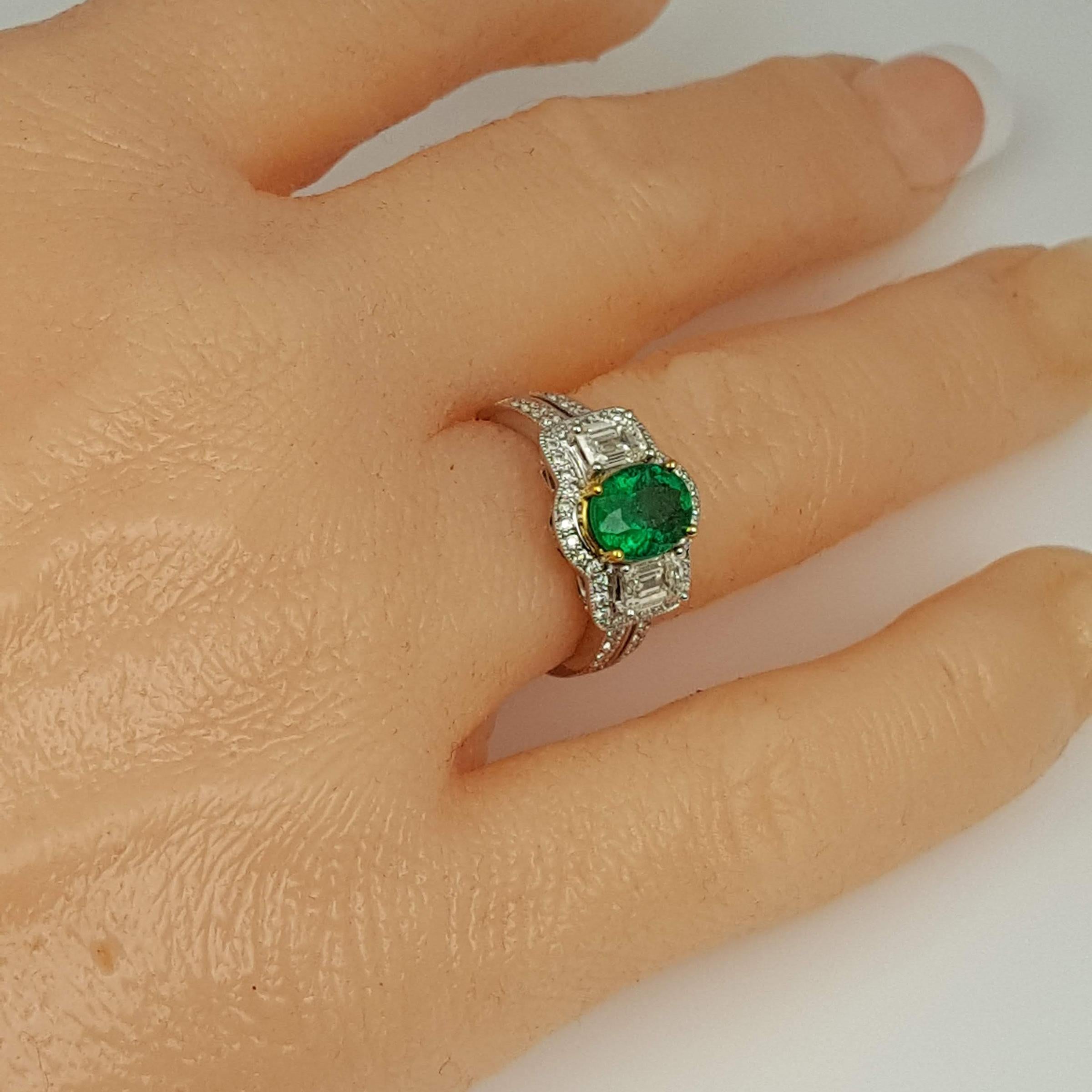 GIA Certified 1.30 Carat Oval Cut Emerald and Diamond Ring in 18 Karat Gold 3