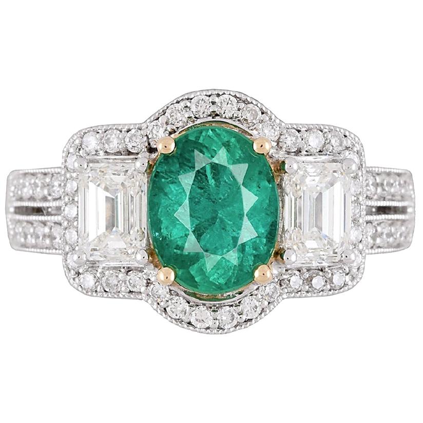GIA Certified 1.30 Carat Oval Cut Emerald and Diamond Ring in 18 Karat Gold
