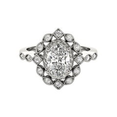 Anello con diamante ovale a doppio fiore in oro bianco 18 carati certificato GIA da 1,30 carati