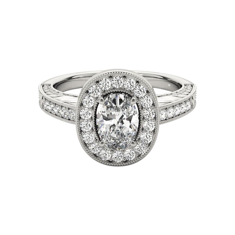 GIA Certified 1.30 Carat Oval Halo Engraved Openwork Diamond Ring For Sale
