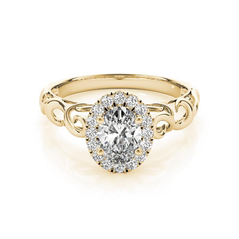 Taglio ovale Anello con diamante ovale aureolato certificato GIA da 1,30 carati in oro giallo Cathedral in vendita