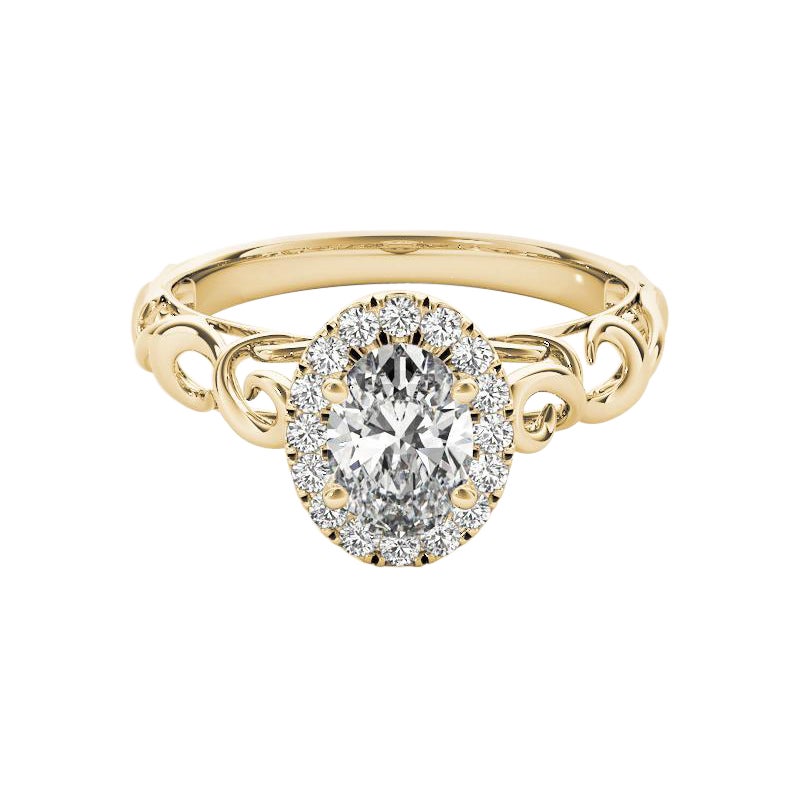 Anello con diamante ovale aureolato certificato GIA da 1,30 carati in oro giallo Cathedral