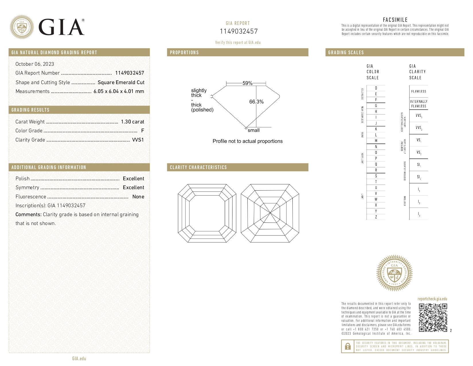 Square Cut GIA Certified 1.30 Carat Asscher Cut Diamond F Color VVS1 Ring in 18K White Gold For Sale