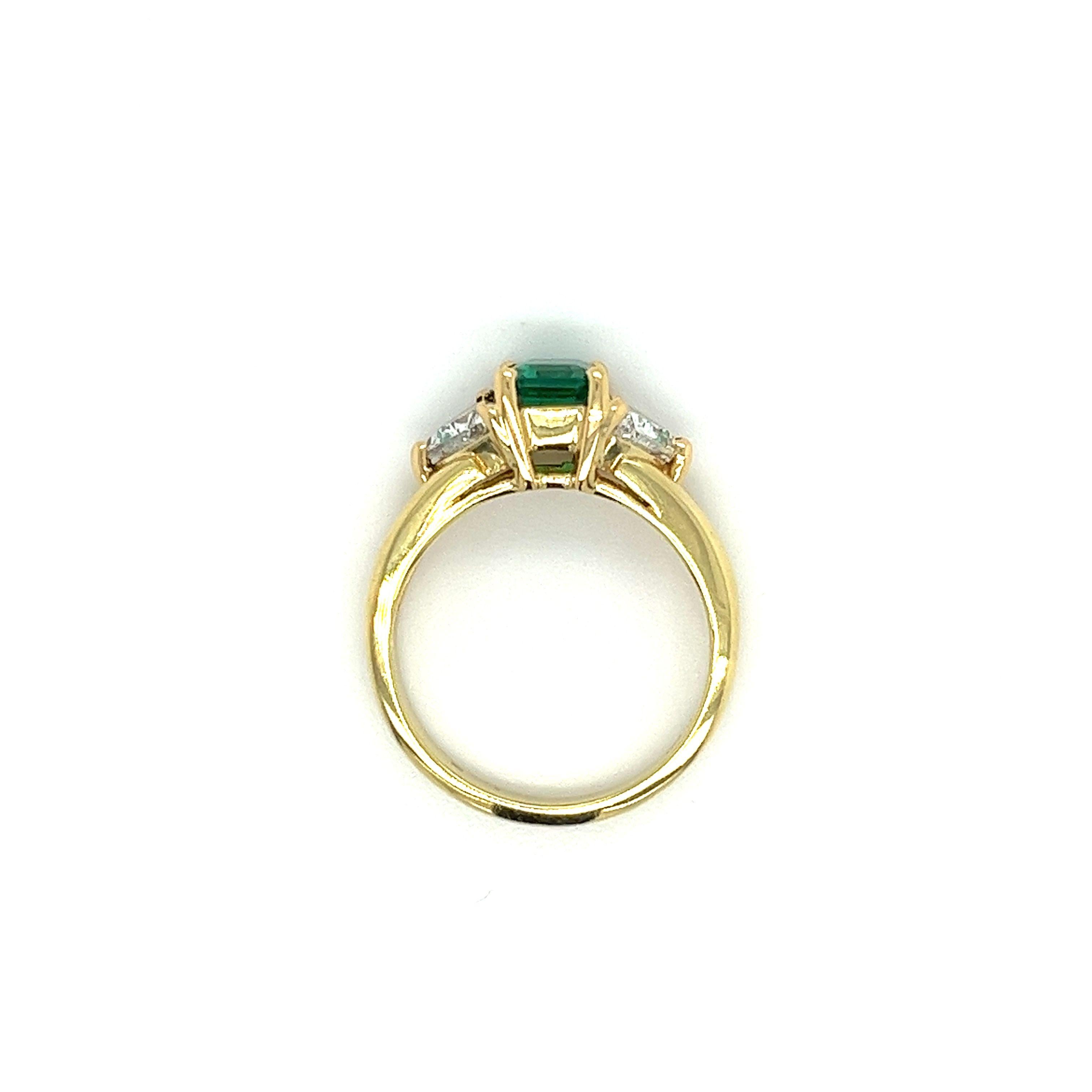 Women's GIA Certified 1.30 Ct Minor Oil Emerald & Trillion Diamond 3-Stone Ring in 18K For Sale