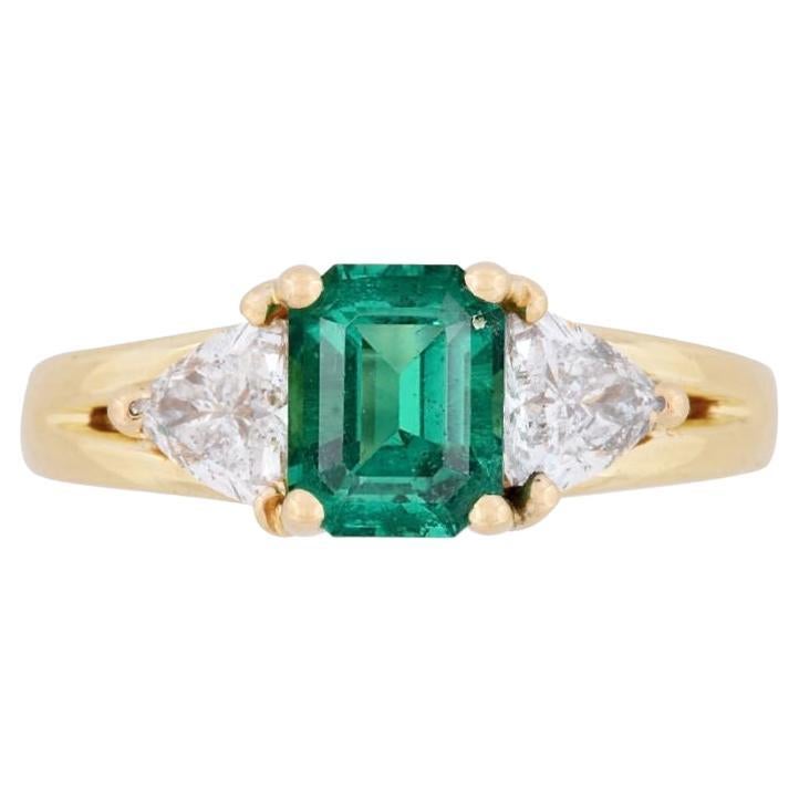 GIA Certified 1.30 Ct Minor Oil Emerald & Trillion Diamond 3-Stone Ring in 18K For Sale