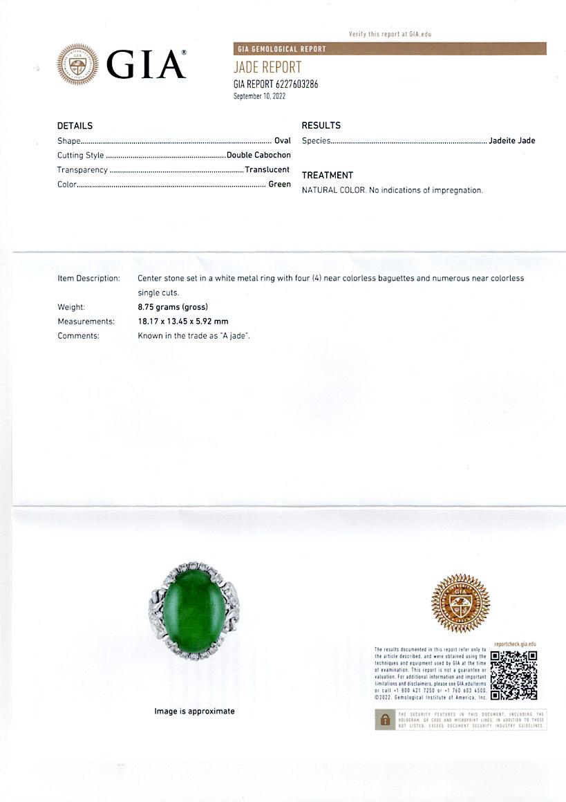 Anello cocktail di giada cabochon di forma ovale certificato GIA da 13,00 carati in platino in vendita 1