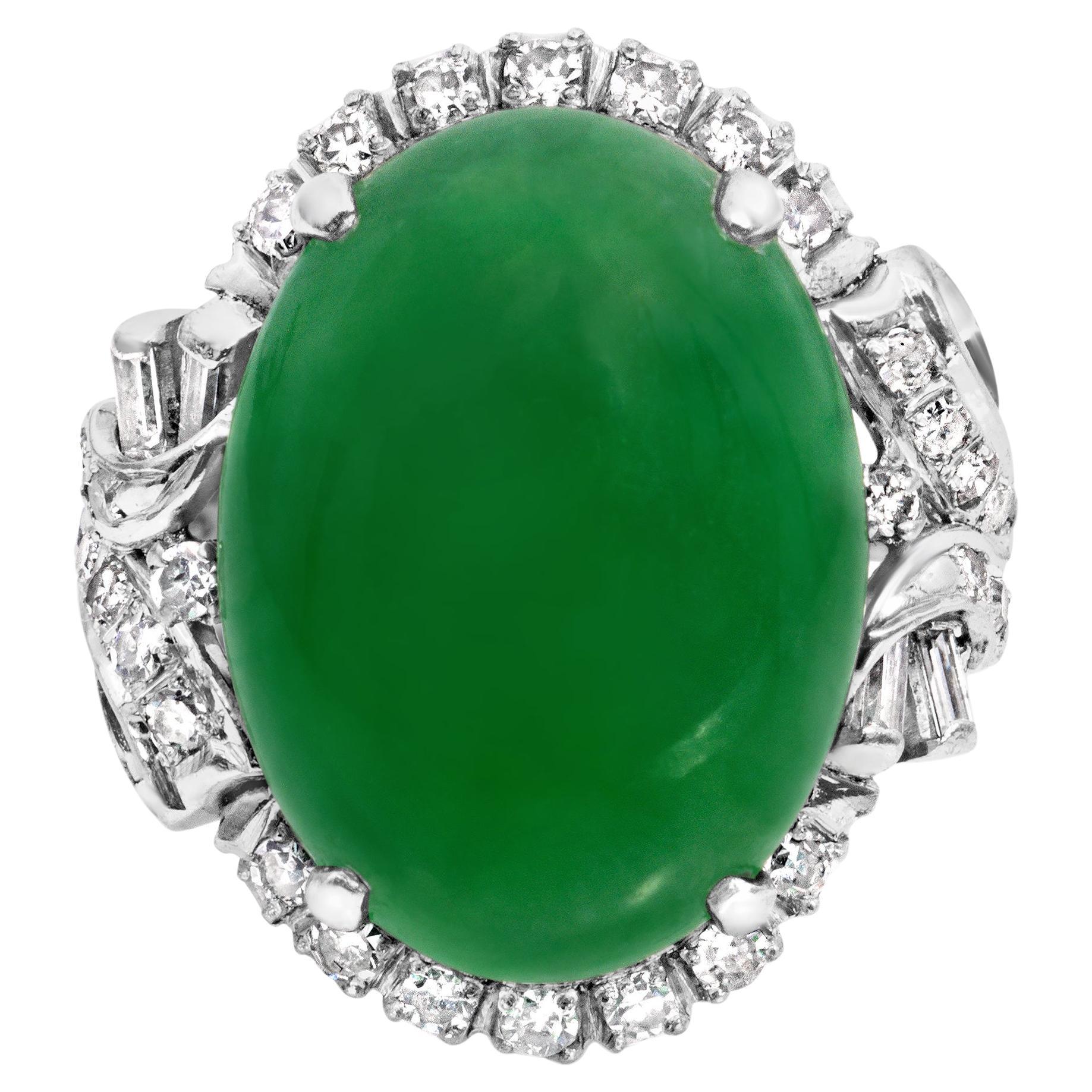 GIA Certified 13.00 Carats Oval Shape Cabochon Jade Cocktail Ring in Platinum