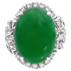 GIA Certified 13.00 Carats Oval Shape Cabochon Jade Cocktail Ring in Platinum