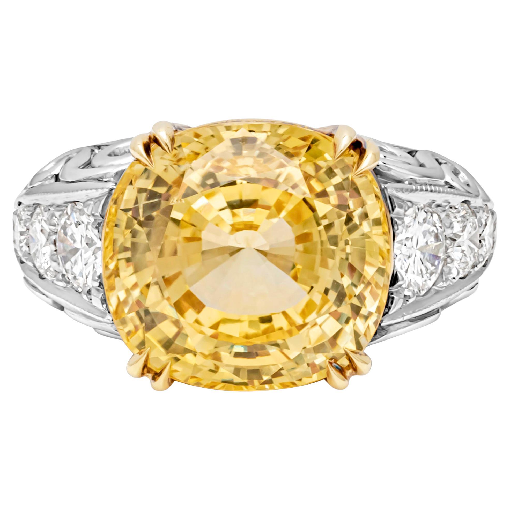 This splendid and luminous fashion ring showcases a 13.01 carats cushion cut certified by GIA as yellow sapphire no indications of heat treatment, set in a timeless eight prong basket setting. Accented by 6 brilliant round diamonds on each side
