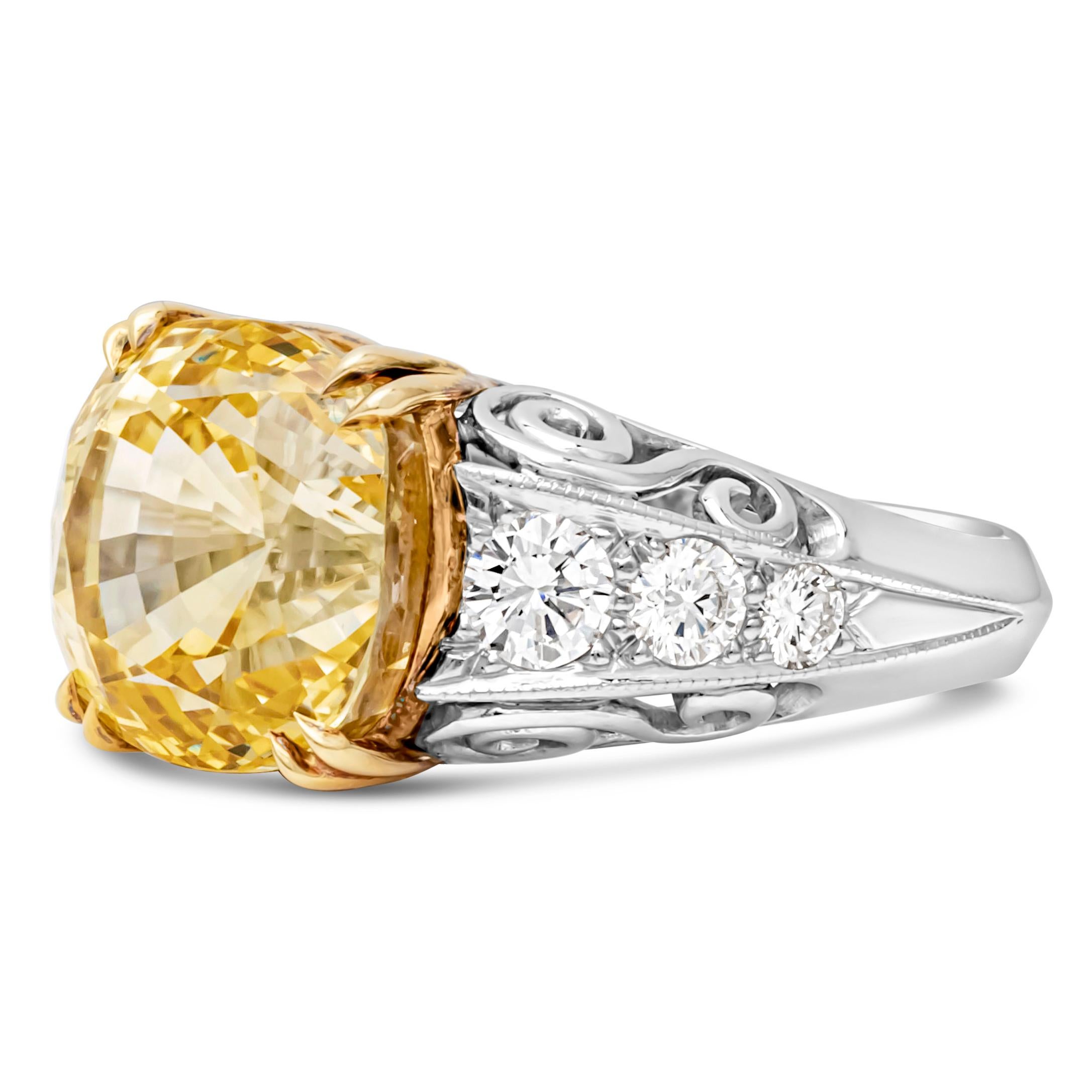 Contemporary GIA Certified 13.01 Carats Cushion Cut Yellow Sapphire & Diamond Fashion Ring For Sale