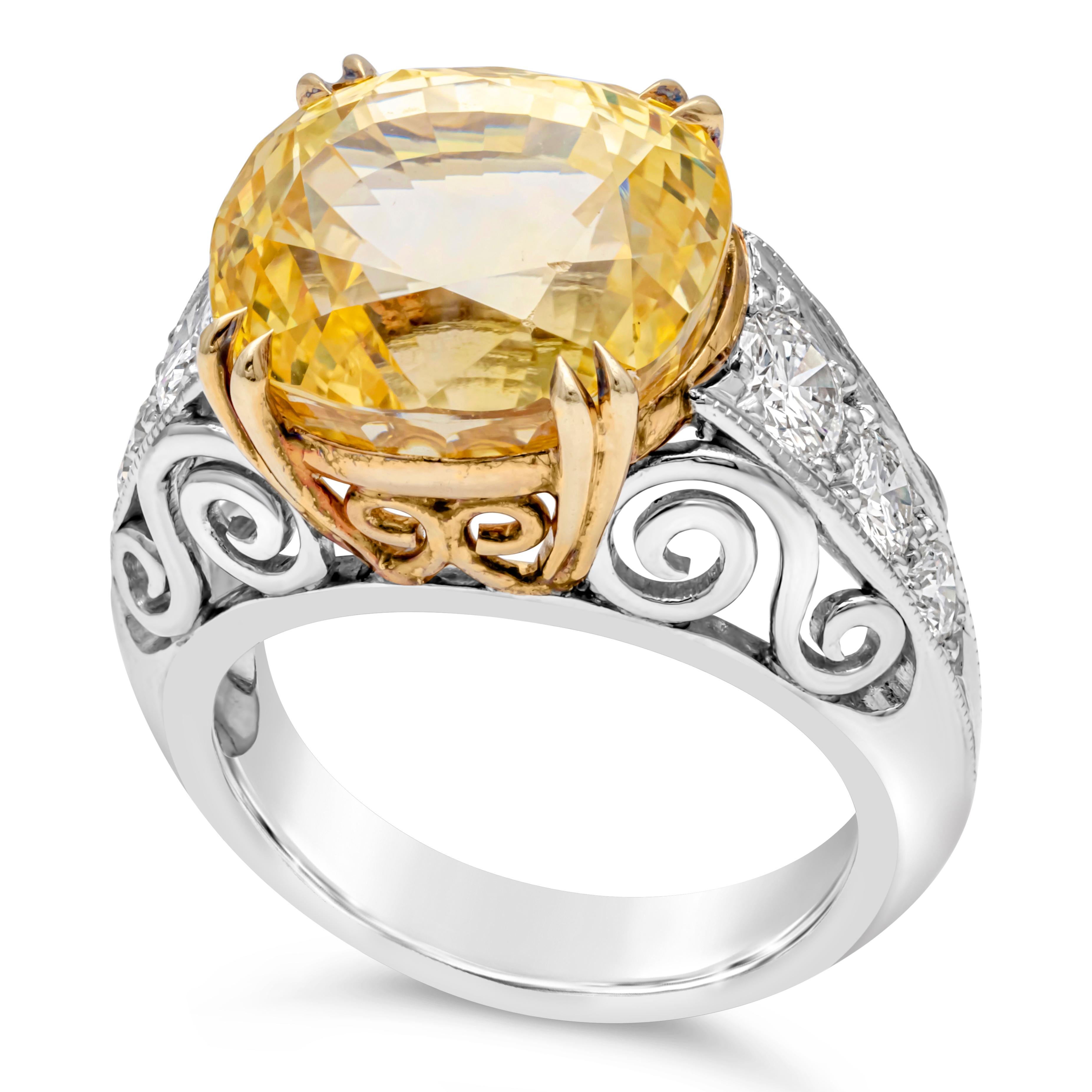 Contemporary GIA Certified 13.01 Carats Cushion Cut Yellow Sapphire & Diamond Fashion Ring