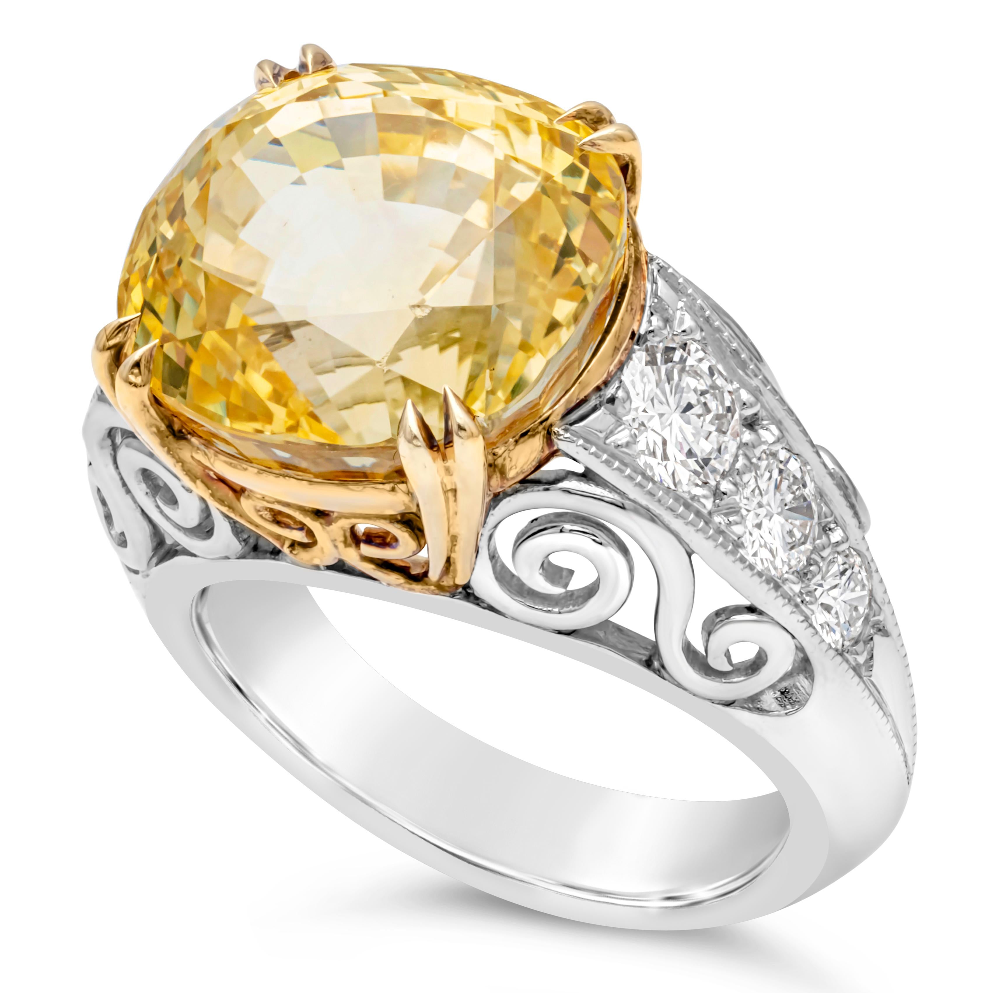 Women's GIA Certified 13.01 Carats Cushion Cut Yellow Sapphire & Diamond Fashion Ring For Sale