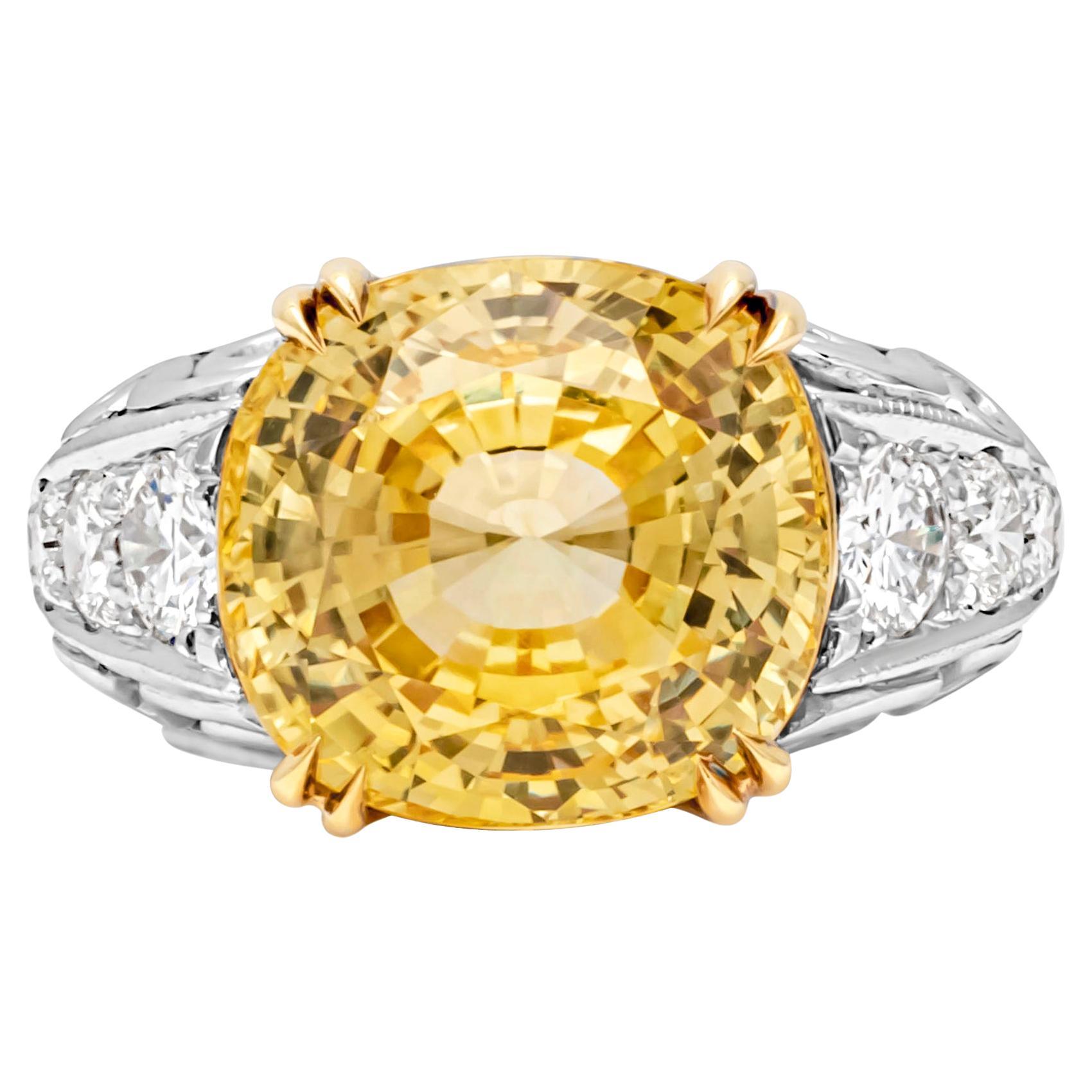 GIA Certified 13.01 Carats Cushion Cut Yellow Sapphire & Diamond Fashion Ring For Sale