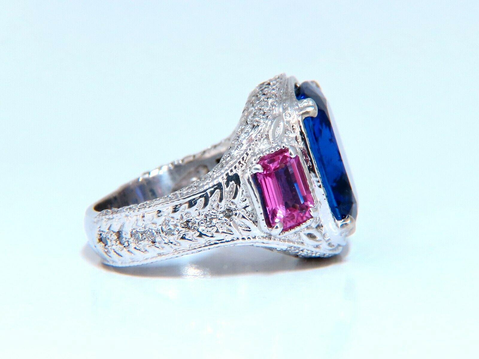 Cushion Cut GIA Certified 13.01 Natural Blue Tanzanite Diamonds Ring 14kt Pink Sapphires For Sale