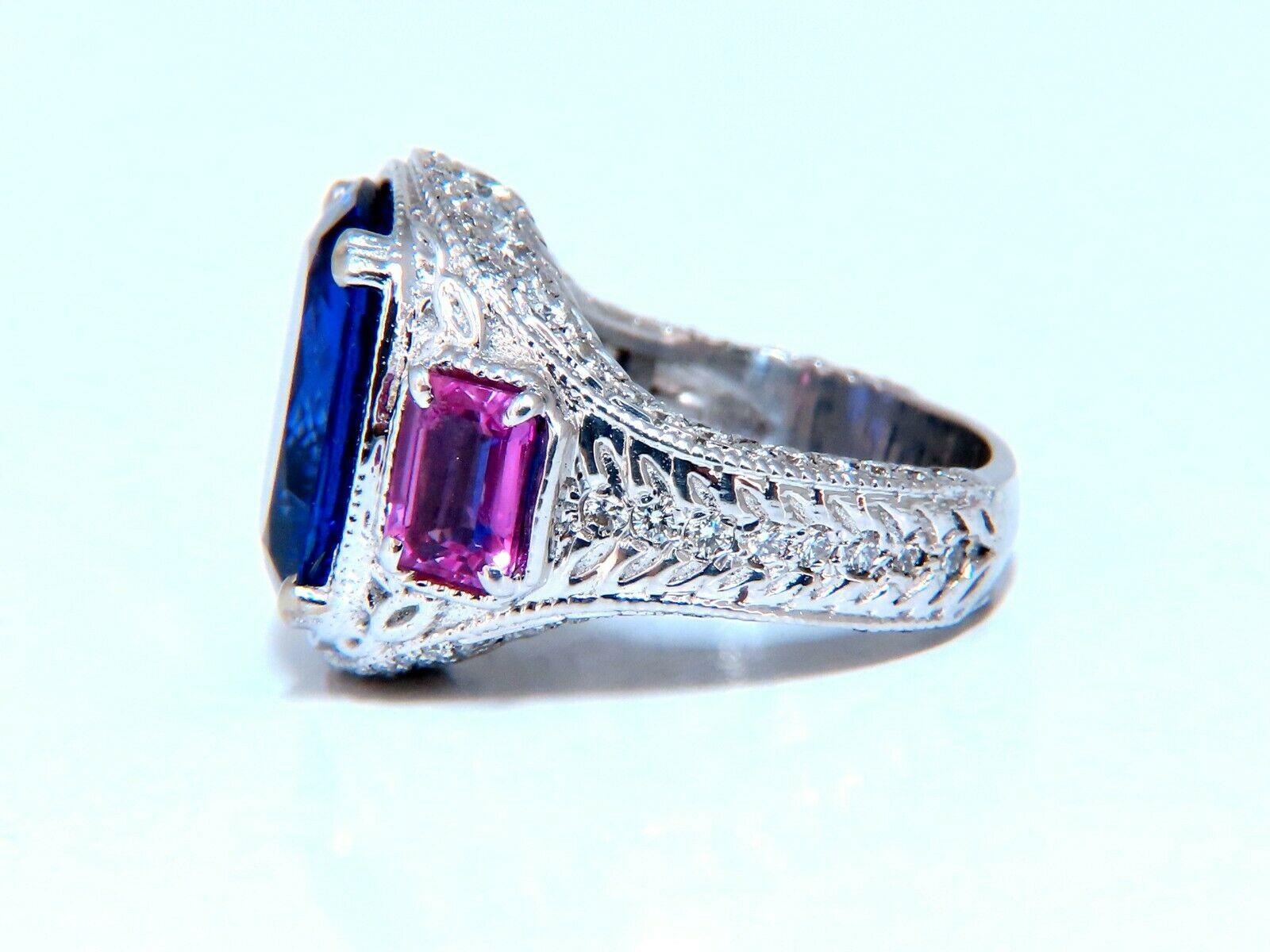 GIA Certified 13.01 Natural Blue Tanzanite Diamonds Ring 14kt Pink Sapphires In New Condition For Sale In New York, NY
