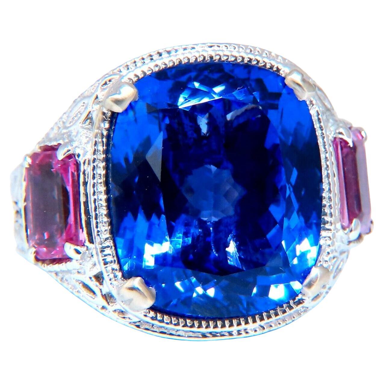 Bague en tanzanite bleue naturelle de 13,01 carats et saphirs roses de 14 carats certifiés par le GIA