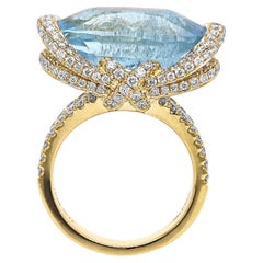 GIA Certified 13.06 Carat Aquamarine and White Diamond Yellow Gold Ring