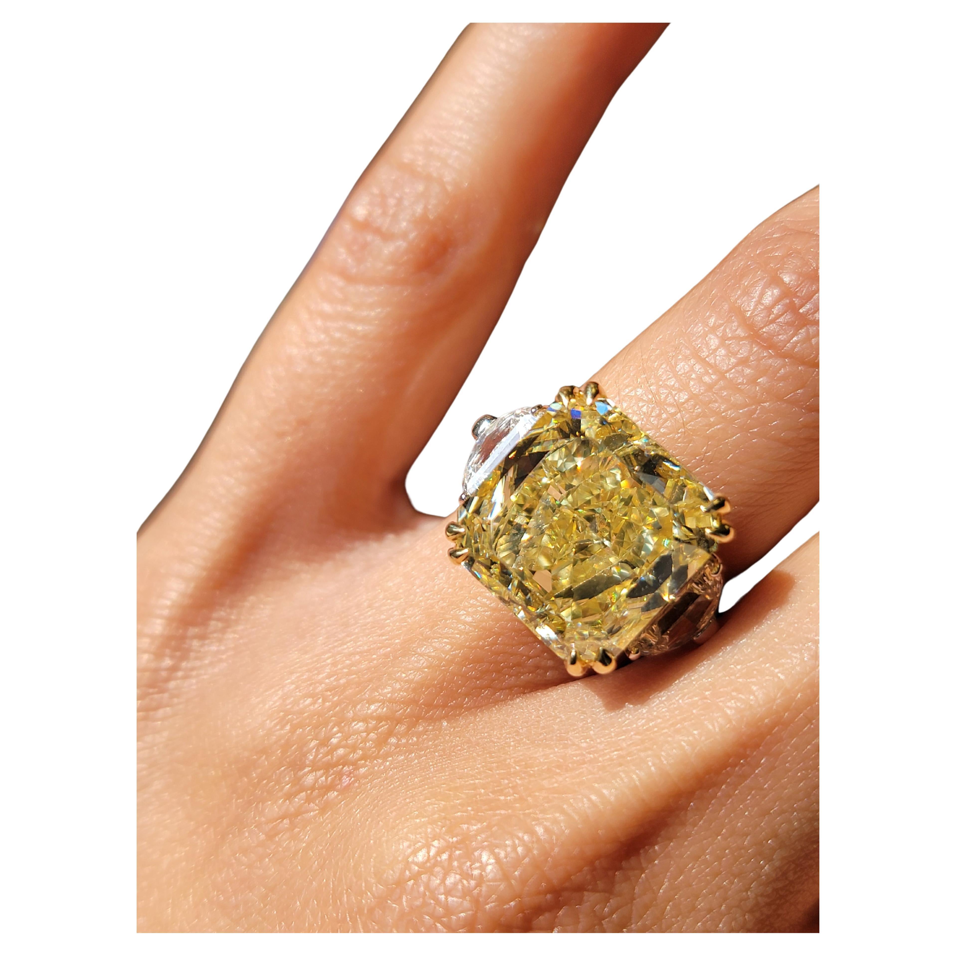 Issac Nussbaum 13.06 Carat Fancy Yellow Radiant Diamond and 2 Half Moon 1.00 CTW