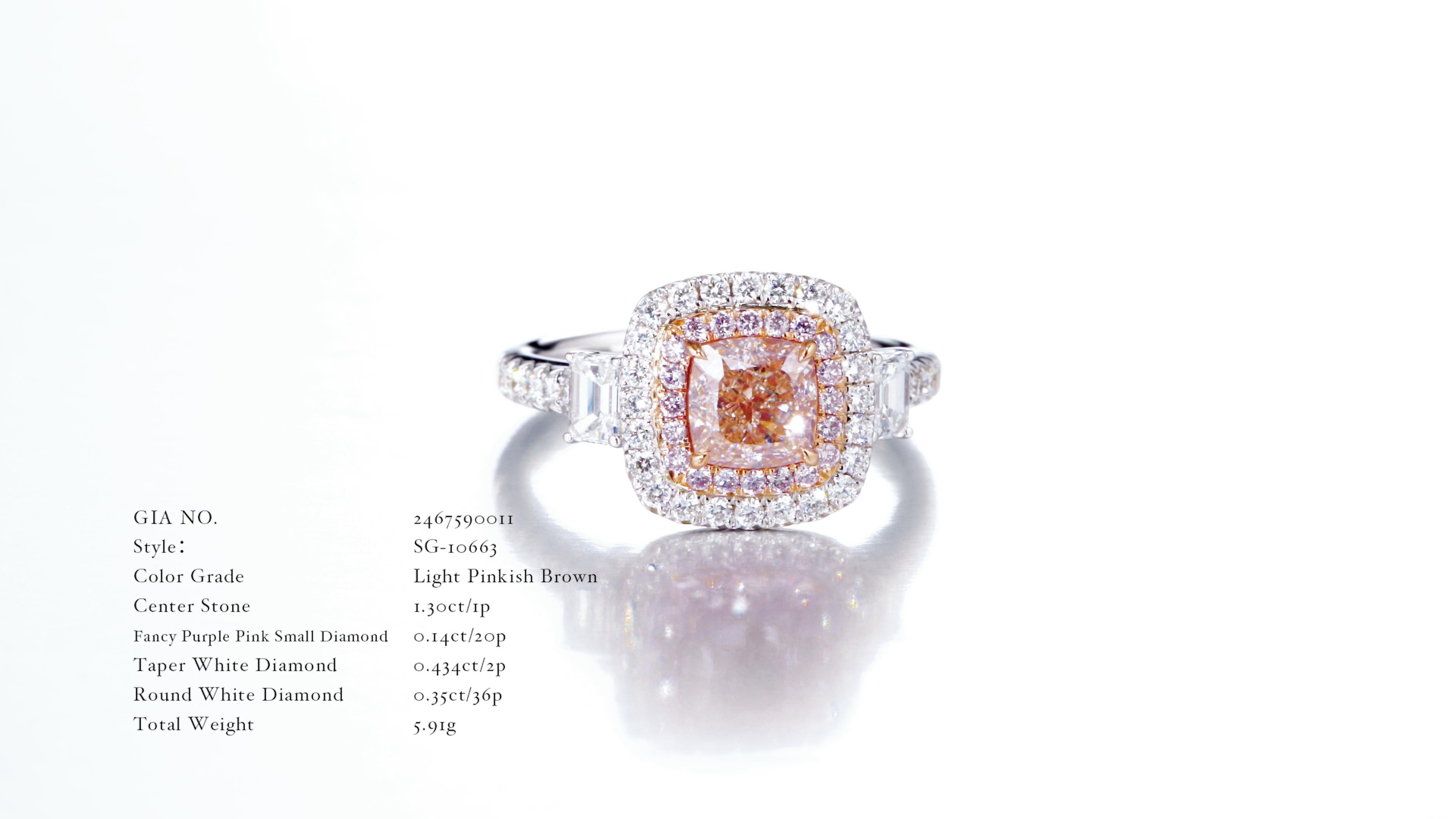 Cushion Cut GIA Certified, 1.30ct Natural Fancy Pink-Brown Cushion Diamond Ring 18KT Gold  For Sale