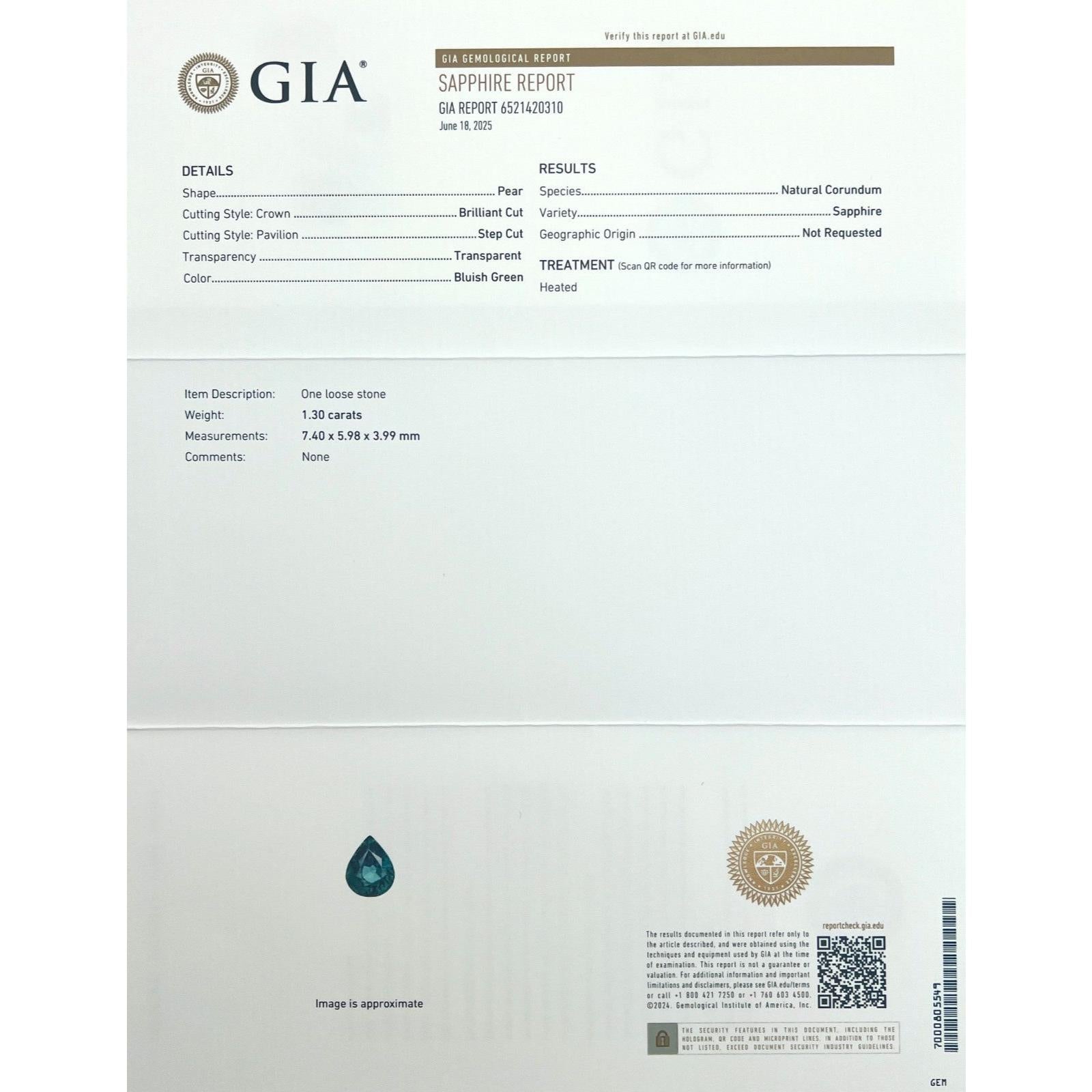 GIA Certificado 1.30ct Zafiro Azul Verde Corte Pera Gema 7.4x5.9mm VS Corte pera en venta