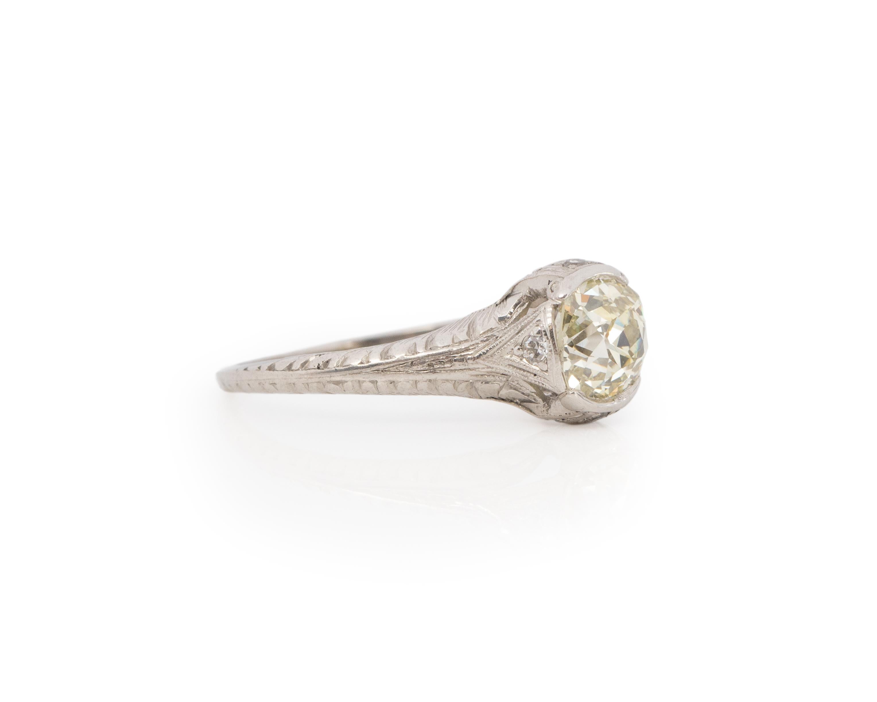 Ring Size: 7.1
Metal Type: Platinum [Hallmarked, and Tested]
Weight: 3.3grams

Center Diamond Details:
GIA LAB REPORT #:5222792073
Weight: 1.31ct
Cut: Old Mine Brilliant
Color: Light Yellow (U-V)
Clarity: VS2
Measurements: 6.69mm x 6.29mm x