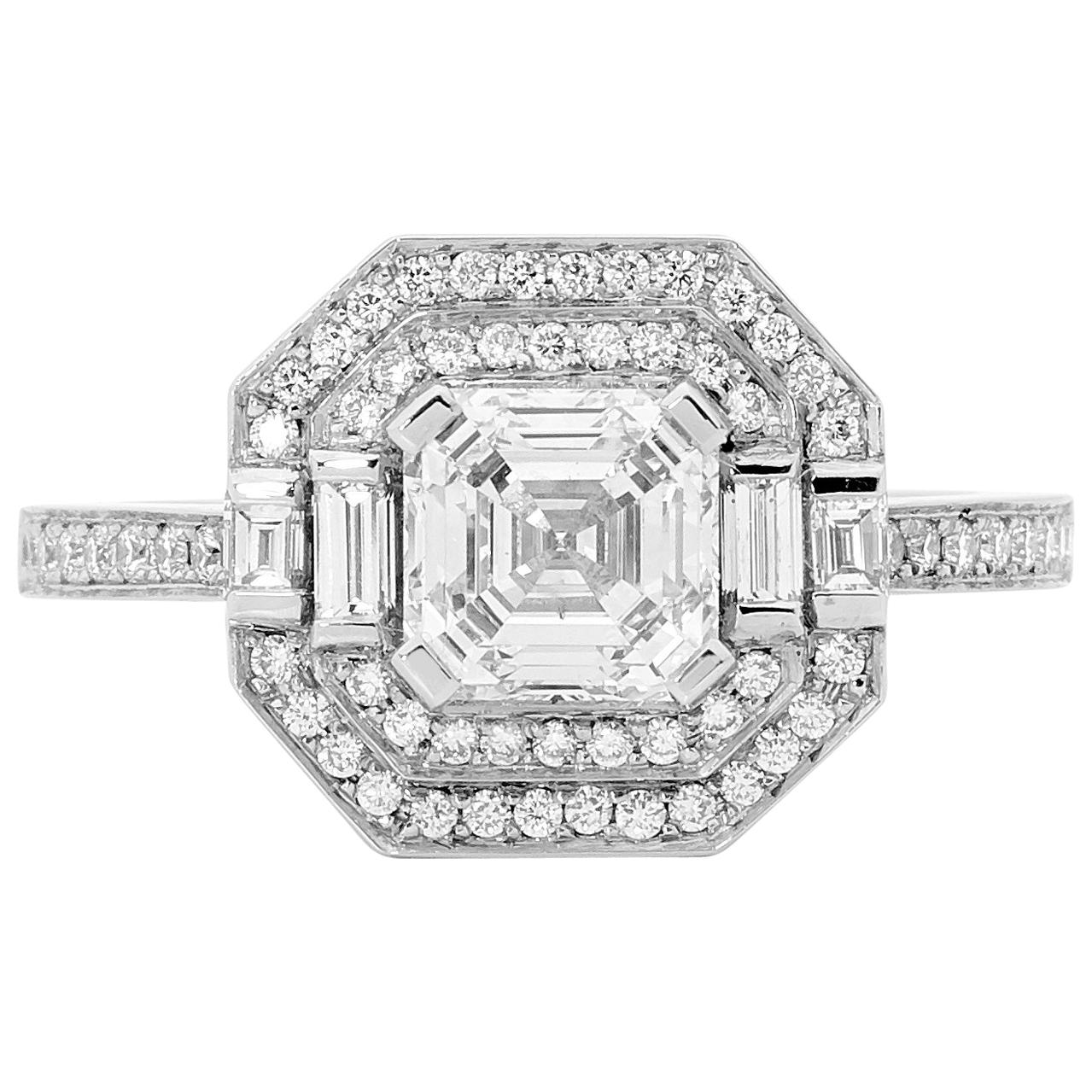 GIA Certified 1.31 Carat Asscher Cut Halo Diamond Platinum Engagement Ring For Sale