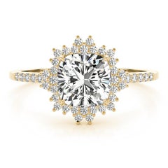 GIA Certified 1.31 Carat Cushion Flower Cluster 18K Yellow Gold Diamond Ring
