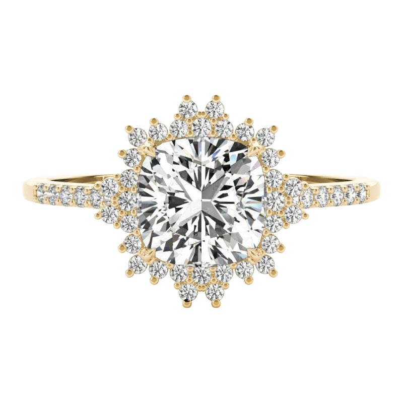 GIA Certified 1,31 Carat Cushion Flower Cluster Anello con diamanti in oro giallo 18K