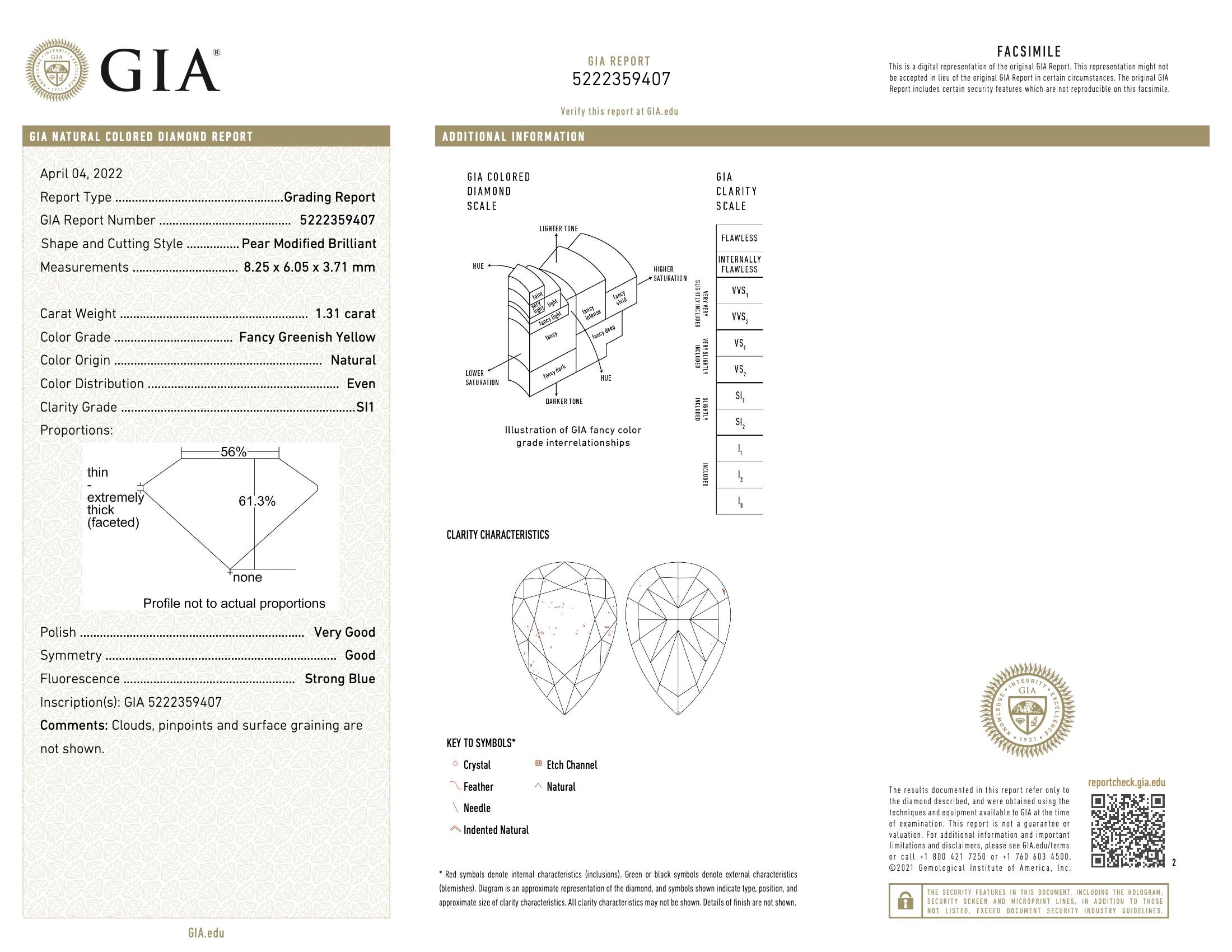 GIA Certified 1.31 Carat Fancy Greenish Yellow SI1 Clarity Diamond For Sale 1