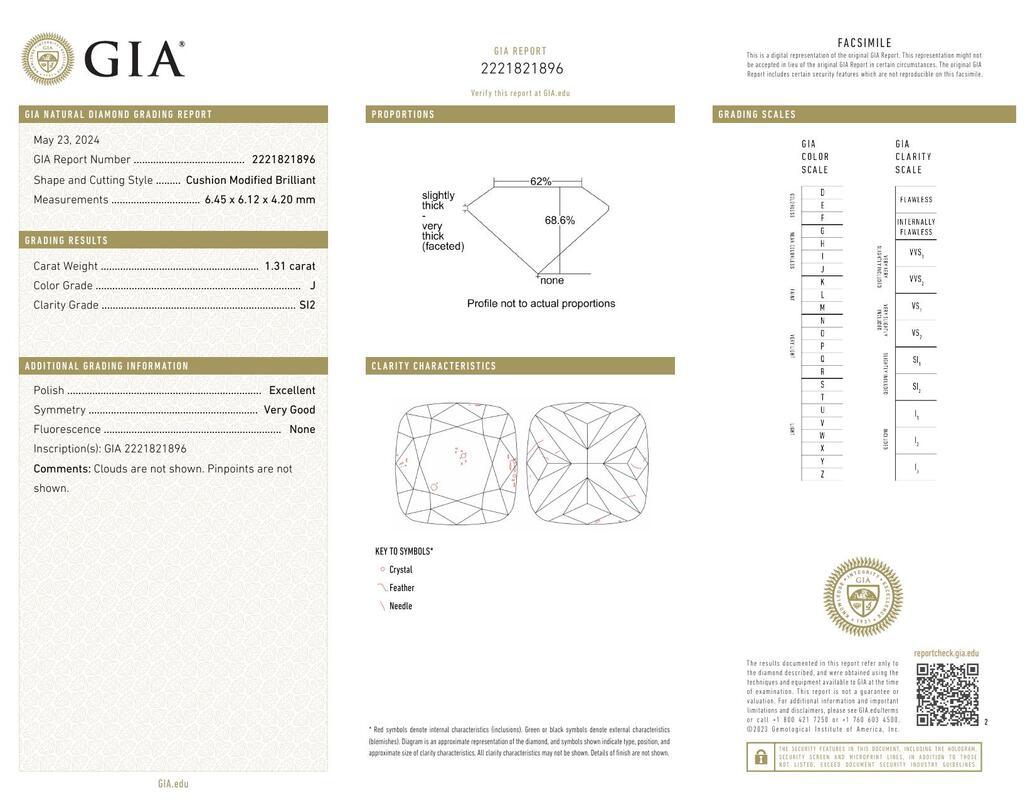 Contemporaneo GIA Certified 1.31 Carati Halo Cushion Cathedral Milgrain Platinum Diamond Ring in vendita