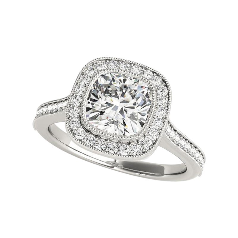 Bague en platine avec diamant certifié GIA 1.31 carat Halo Cushion Cathedral Milgrain